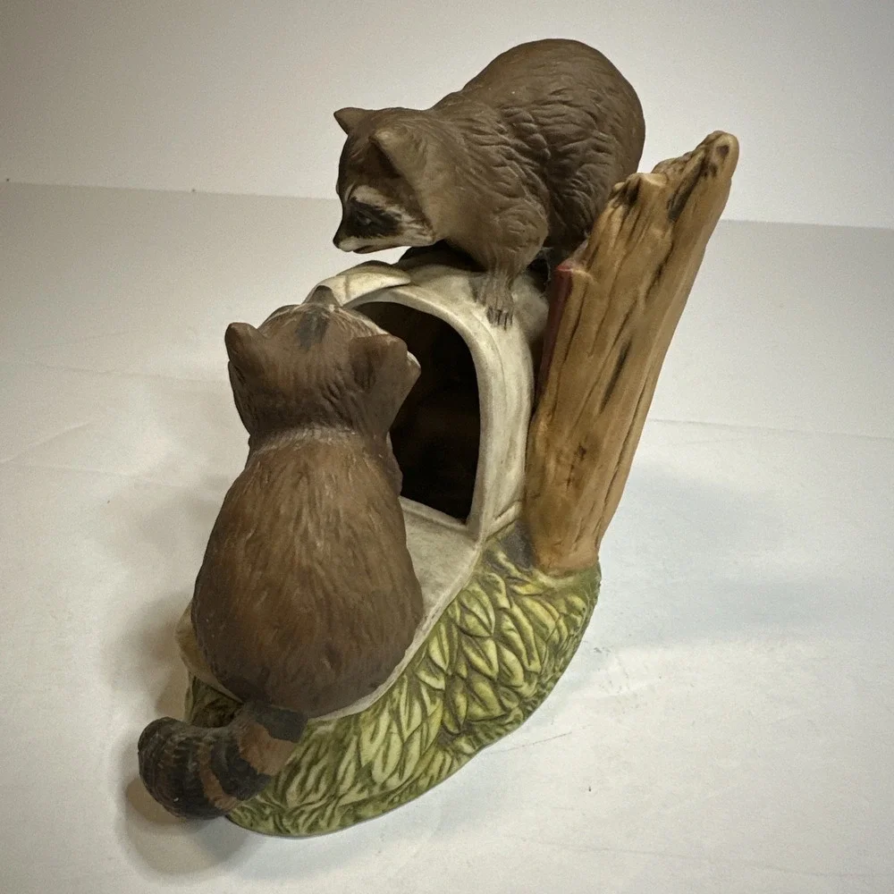 Vintage 1987 Homco Masterpiece Porcelain Raccoons Playing Figurine